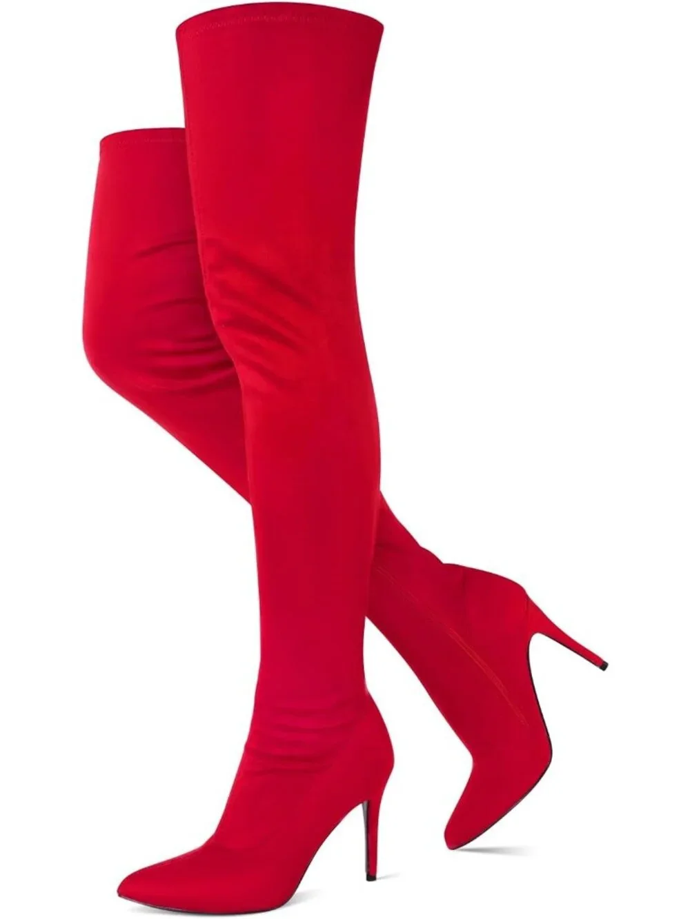 Women's Red Velvet Pointed Toe Side Zipper Stiletto Heeled Thigh High Boots
